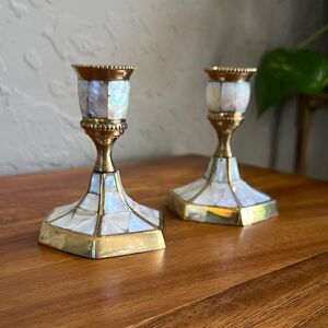 Elegant Brass and Mother of Pearl Candle Holders New 4‎ inch height